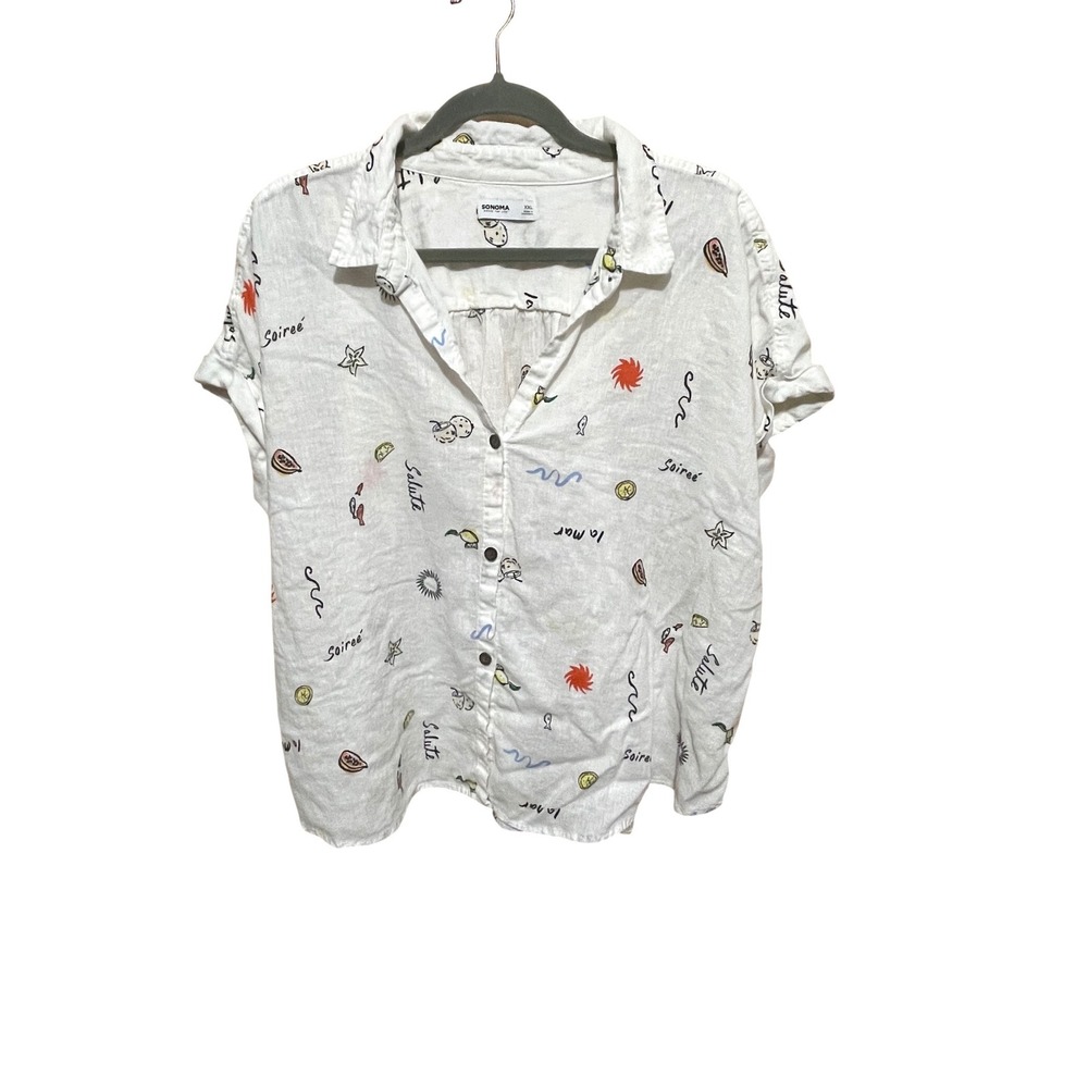 Sonoma Linen Blend Button Front Blouse Rolled Short Sleeves XXL-Whimsical Print